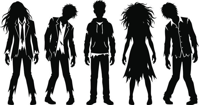 Zombie silhouette illustration with ragged figures, human survivor contrast, horror theme, and creepy undead vector design elements