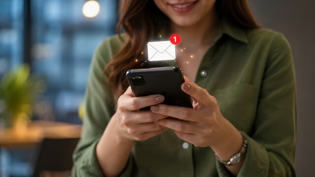 Woman Checking Email Notification on Smartphone with Digital Messaging Interface
