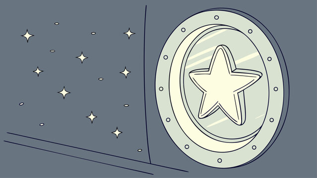 Space ship porthole window view of floating star with sci fi, science fiction