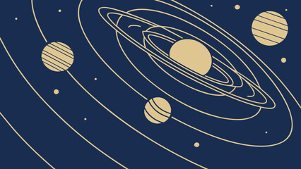 Minimalist cosmic solar system illustration with orbiting planets, universe © siri