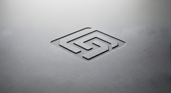 A modern embossed geometric square logo design featuring sharp angular lines carved into a smooth metallic grey textured surface material