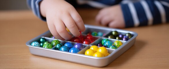 Fototapeta premium The Toddler's Hand joyfully chooses colorful art beads from a divided tray
