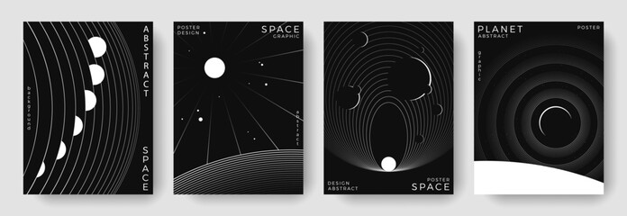 Abstract posters set of space astronomy backgrounds. Outline simple planets, stars, black hole. Black and white science future concept. Futuristic linear design for cover, banner, flyer, layout © Anastasiya Stoma