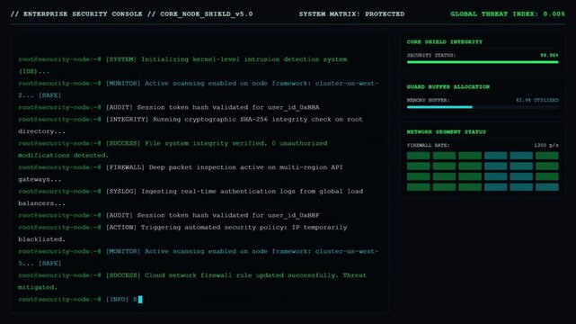 Enterprise security console monitoring screen with blue digital computer terminal code tracking cloud network firewall rules and intrusion detection log metrics.