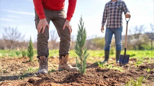 Gardeners planting young evergreen sapling in fertile soil. Environmental restoration and reforestation project in rural field.