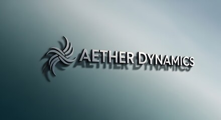Fototapeta premium Aether dynamics logo featuring sleek metallic silver typography with a stylized swirling vortex icon rendered in a professional modern aesthetic