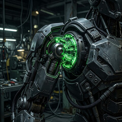 Fototapeta premium Close-up of a futuristic robot arm with a glowing green mechanical core