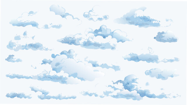 A collection of watercolor clouds in shades of pale blue arranged against a white background atmospheric azure breezy