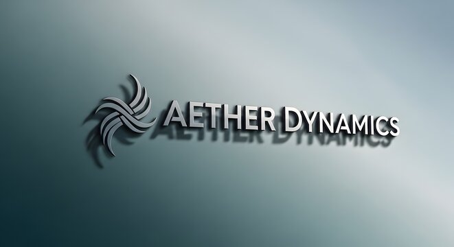Aether dynamics logo featuring sleek metallic silver typography with a stylized swirling vortex icon rendered in a professional modern aesthetic