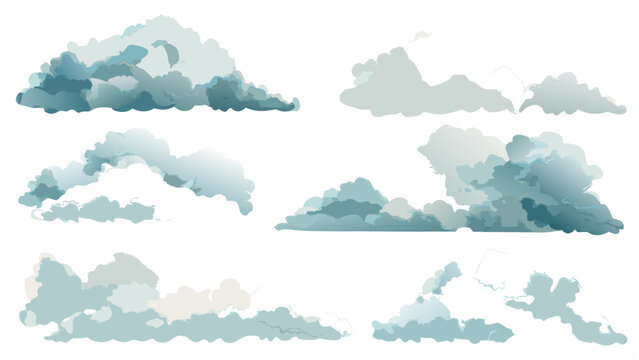 A collection of eight stylized cloud formations presented as a vector illustration on a white background atmospheric condition azure