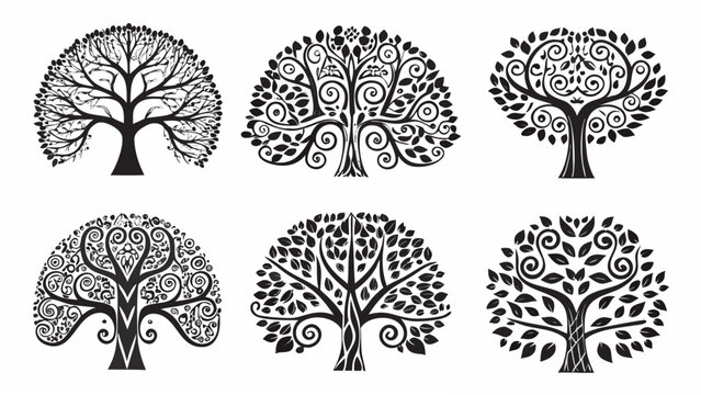 Six Tree Silhouettes In Intricate Vector Designs Against A White Background arbor arbors botanical branch branches canopy circular