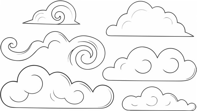 Variety of cloud shapes rendered as line art on a white background showcasing different atmospheric formations clouds cloudscape
