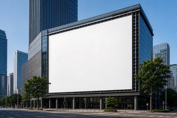 Fototapeta premium A large, blank white billboard is mounted on the side of a modern glass-fronted office building in a city.
