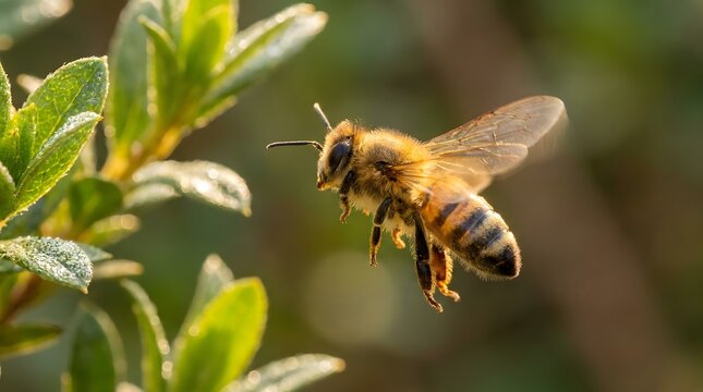 Macro shot of a fuzzy honey bee hovering in sunlight