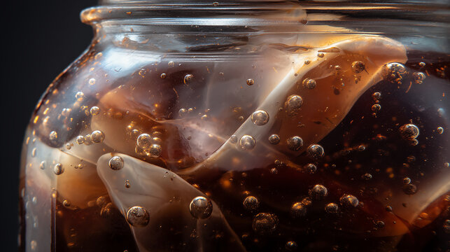 Macro close-up inside a kombucha fermentation jar showing translucent SCOBY layers and clinging bubbles in amber liquid against a dark moody backdrop
