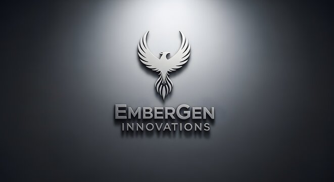 A sleek metallic phoenix bird logo design featuring the word embergen innovations rendered with professional lighting and depth effects