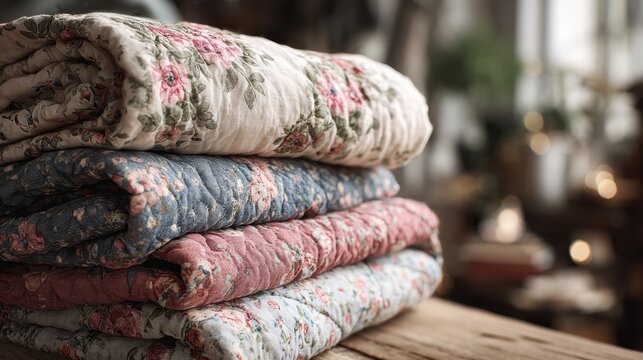 A cozy stack of floral patterned quilts with soft textures neatly folded on a rustic wooden surface in a warmly lit vintage room setting