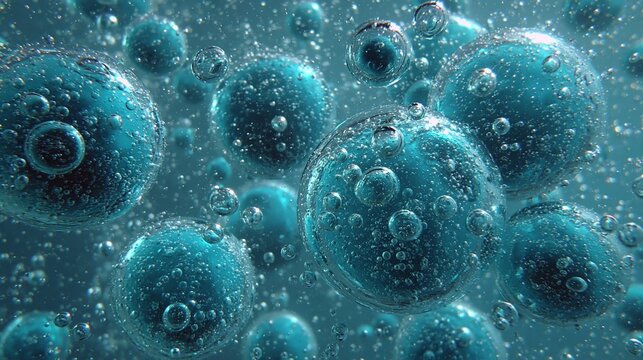 The bubbles in the blue liquid provide a refreshing backdrop for beauty products and spa treatments.