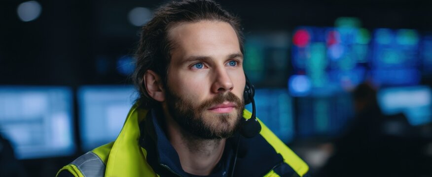 Organized Intensity A firefighter leads rescue operations in a cutting-edge emergency dispatch center.