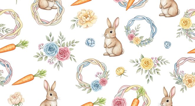 Watercolor Easter Bunny and Carrot Seamless Pattern.