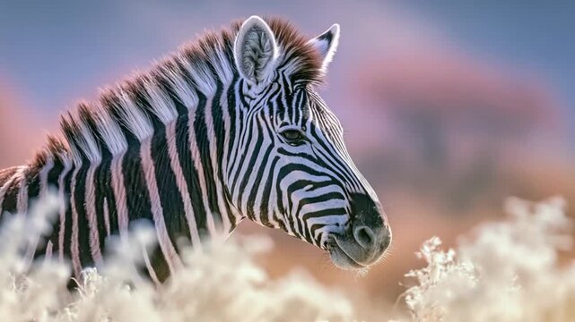 Close-up head shot of a zebra standing in an open field, showcasing its distinctive black and white stripes and the beauty of African wildlife.