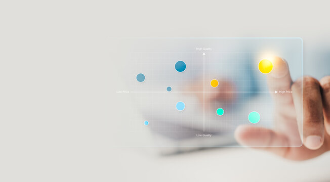 Interactive Market Positioning Matrix Analysis, Business Competitor Benchmarking Dashboard, Hand Selecting Strategic Product Placement on Price and Quality Comparison Chart, Decision Making, Research