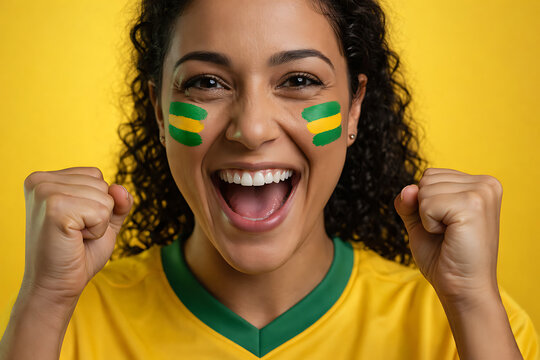 Brazilian soccer fan celebrates a goal during the world cup, ecstatic female supporter
