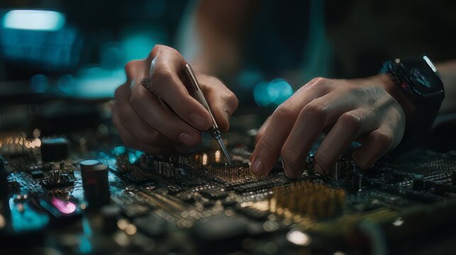 Electronic technician repairing a circuit board.  Precision engineering, highlighting tools like soldering irons or tweezers used in microelectronics