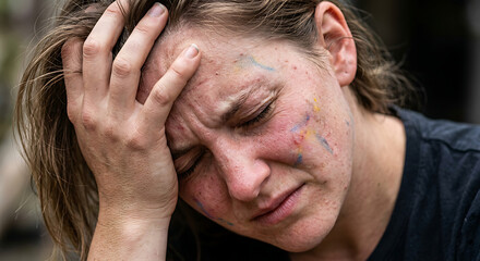 Fototapeta premium Close-up portrait of a woman with colorful paint and dirt on her face, showing deep despair and emotional exhaustion