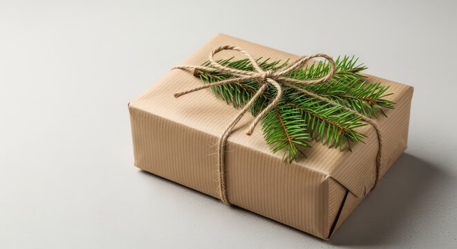 A rustic eco-friendly Christmas gift wrapped in brown kraft paper, tied with natural jute twine and adorned with fresh green pine sprigs, zero waste, seasonal, holiday