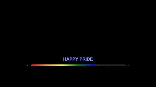 A vibrant rainbow progress bar displaying "HAPPY PRIDE" in blue text, symbolizing LGBTQ+ celebration and inclusivity.