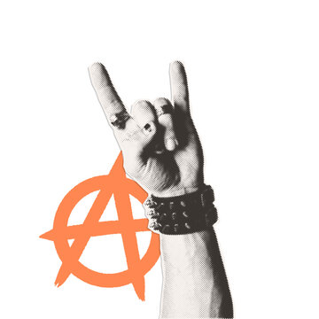 Retro halftone cutout collage element with hand showing rock horns gesture and orange anarchy symbol isolated - punk rock music illustration.