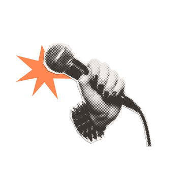 Retro halftone cutout collage element with hand holding microphone and wearing spiked bracelet isolated - punk rock music illustration.