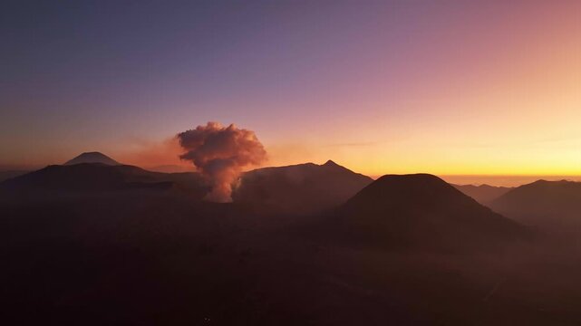 Amazing Mount Bromo volcano during sunrise or sunset sky over Mountains Penanjakan in Bromo Tengger Semeru National Park,East Java,Indonesia,Landscape background