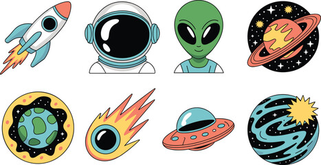 Cute Space Vector Icon Set with Rocket Astronaut Alien UFO Planets and Galaxy Cartoon Elements © Mst