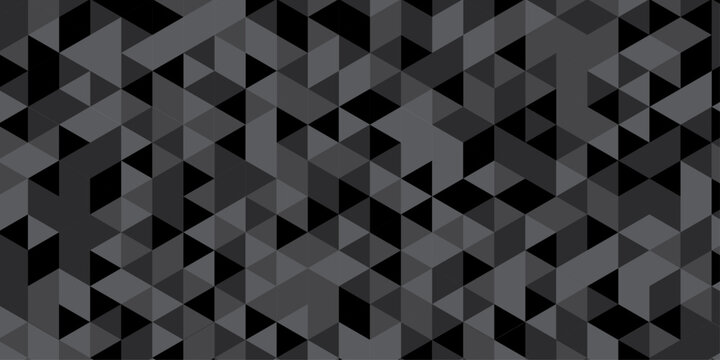 Abstract geometric black and gray background seamless mosaic and low polygon triangle texture wallpaper. Triangle shape retro wall grid pattern geometric ornament tile vector square element.