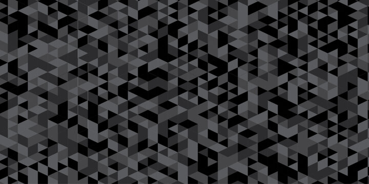 Abstract geometric black and gray background seamless mosaic and low polygon triangle texture wallpaper. Triangle shape retro wall grid pattern geometric ornament tile vector square element.