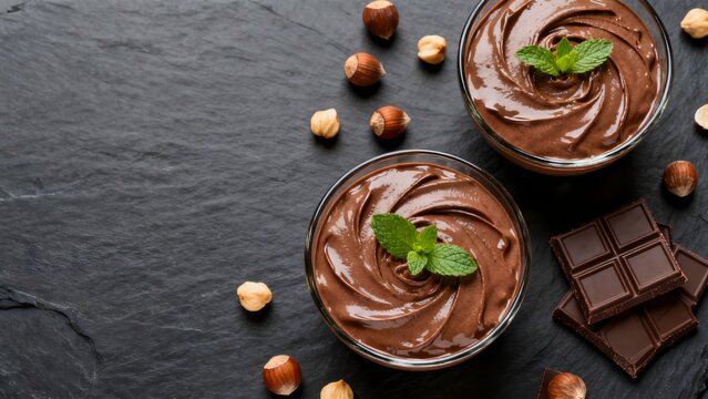 Chocolate mousse with hazelnuts and mint