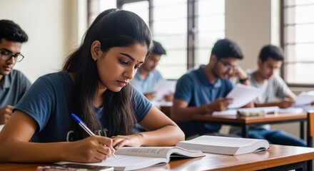 Fototapeta premium Focused young Indian female student writing in notebook during university exam in classroom with diverse classmates studying in background for academic success concept