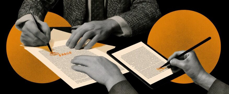 Proofreading halftone collage banner template. Cutout hands editing text, highlighting errors, checking punctuation, reviewing documents digitally 