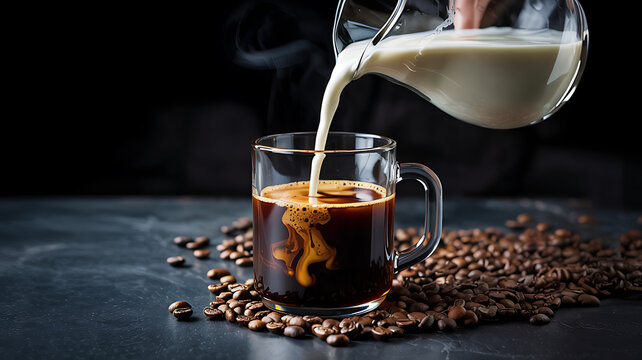 Pouring Cream into Coffee: A rich, dark coffee in a clear mug, with cream being poured from a jug, creating a swirling pattern amidst roasted coffee beans.