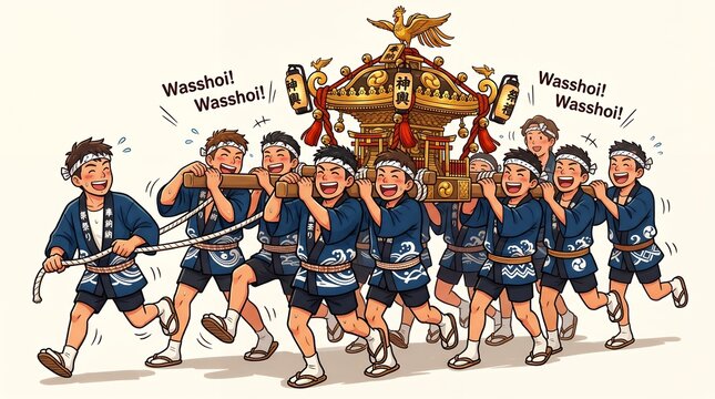 Cheerful Japanese Men Carrying Traditional Shrine Mikoshi During a Festival Celebration