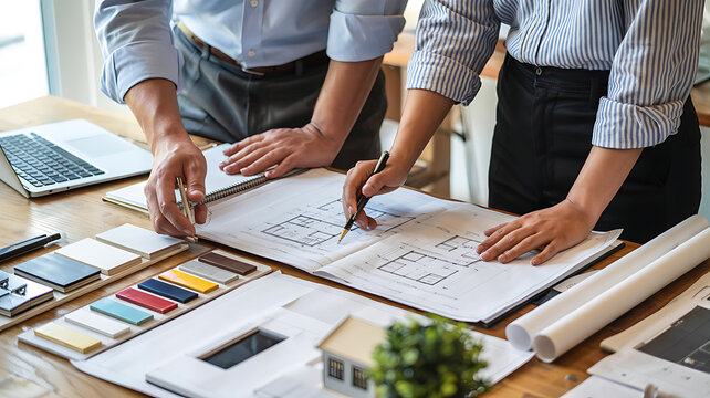 Architectural Collaboration: Two professionals collaborate over blueprints and material samples, designing a future space with precision and creativity.