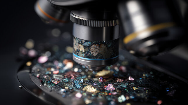 Polarizing microscope lens examining a colorful mineral thin section with iridescent grains scattered on the dark stage in a geology lab
