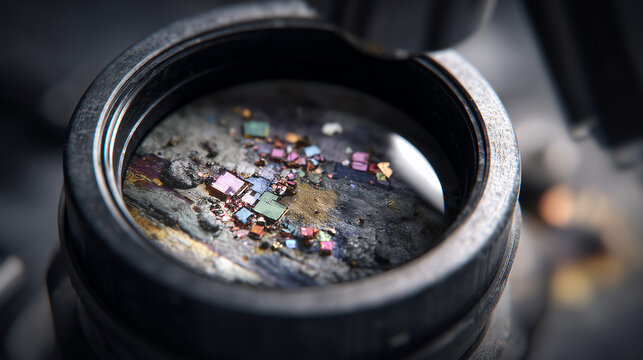 Macro view of iridescent mineral fragments and rock grains resting on a dark microscope stage in a dim geology research lab
