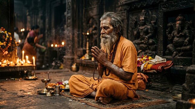 Elderly Hindu sadhu with long white beard and orange robes sitting cross legged performing prayer ritual with offerings and candles inside ancient temple, Indian holy man practicing spiritual devotion
