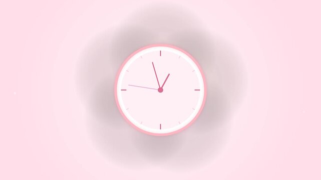 A soft pink clock face with delicate hands, set against a hazy, light pink background with subtle floral hints.