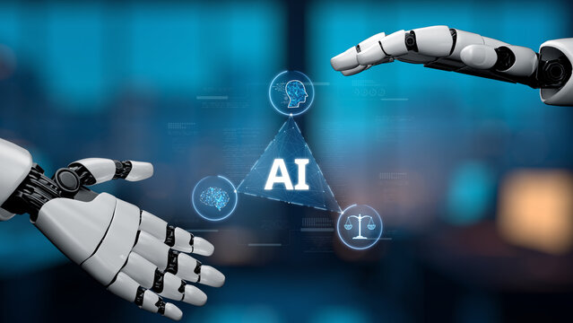 A striking image showing robotic hands reaching towards a triangle symbol representing artificial intelligence, illustrating the fusion of technology and human-like interaction. Synapse