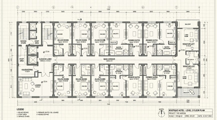 Architectural floor plan of a hotel level featuring guest rooms, elevator lobby, and service areas © S.Siam