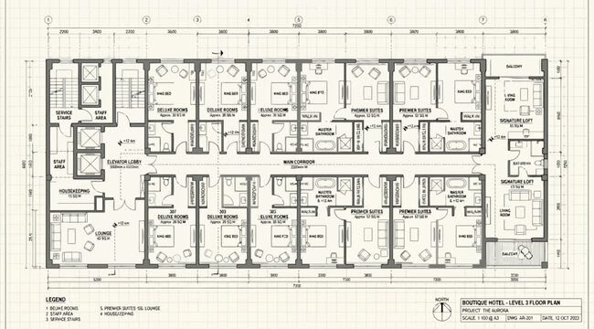 Architectural floor plan of a hotel level featuring guest rooms, elevator lobby, and service areas